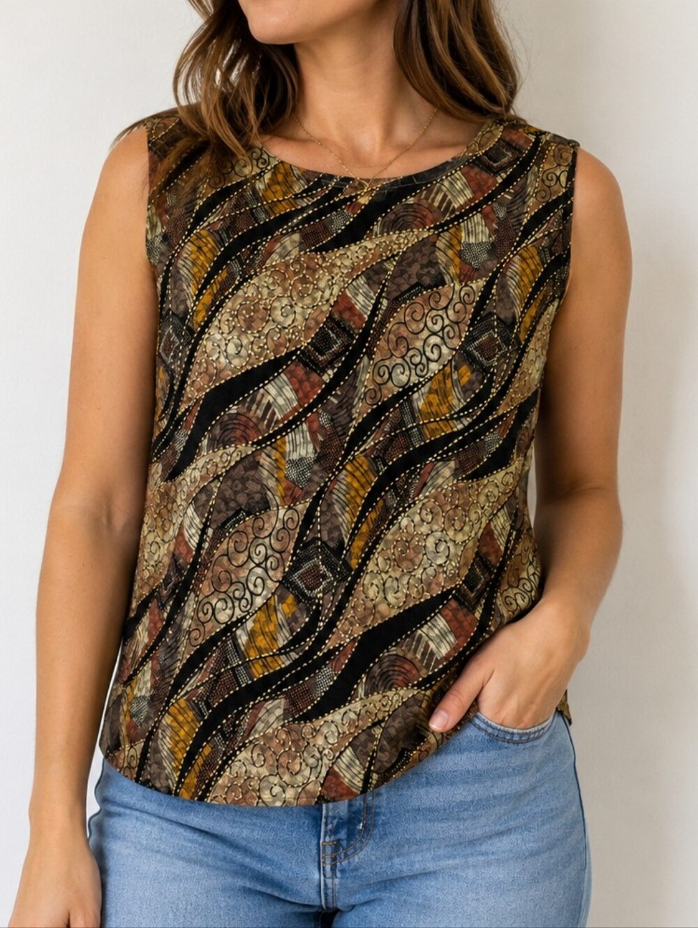 N Touch Abstract Print Sleeveless Top Medium Brown Gold Career Casual